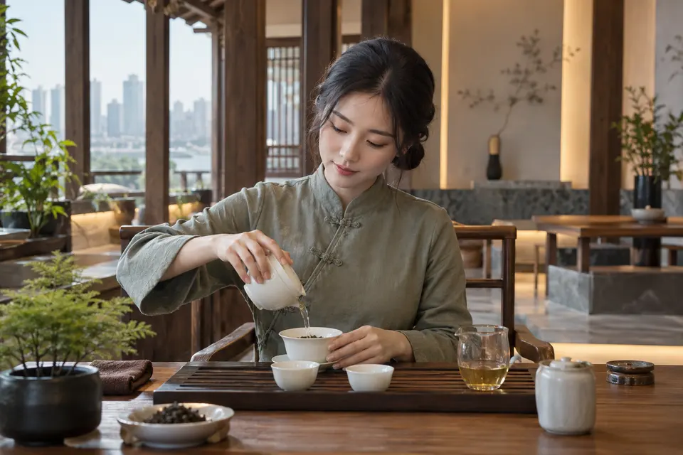 新中式盖碗冲泡动作示意，桌面简洁