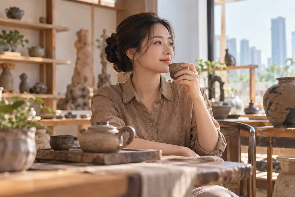 陶艺茶器工作室中的茶杯与茶具示意