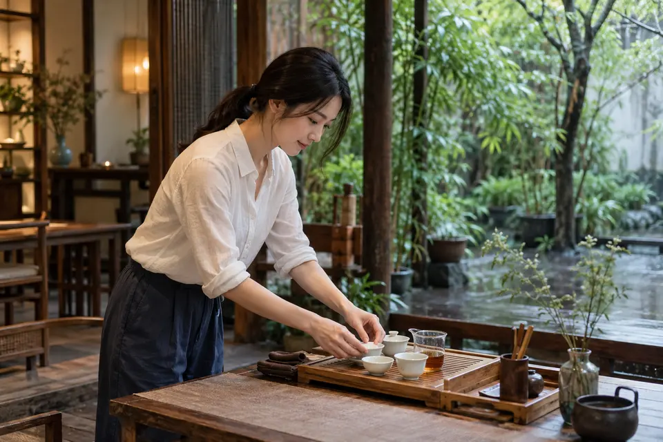庭院茶席布置示意，盖碗与竹制茶具摆放